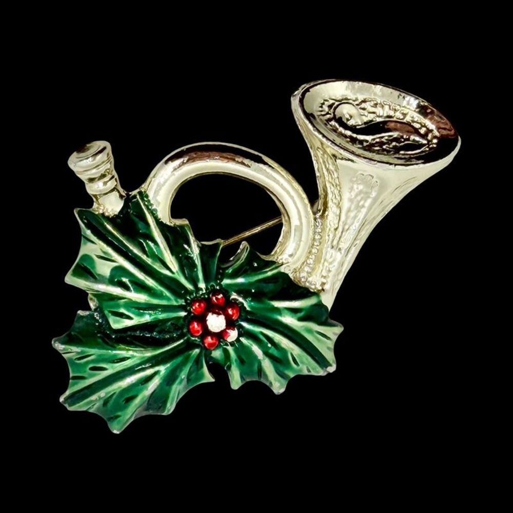Vintage Gerry's Gold Tone Enamel French Horn Holly Berries Christmas Brooch Pin